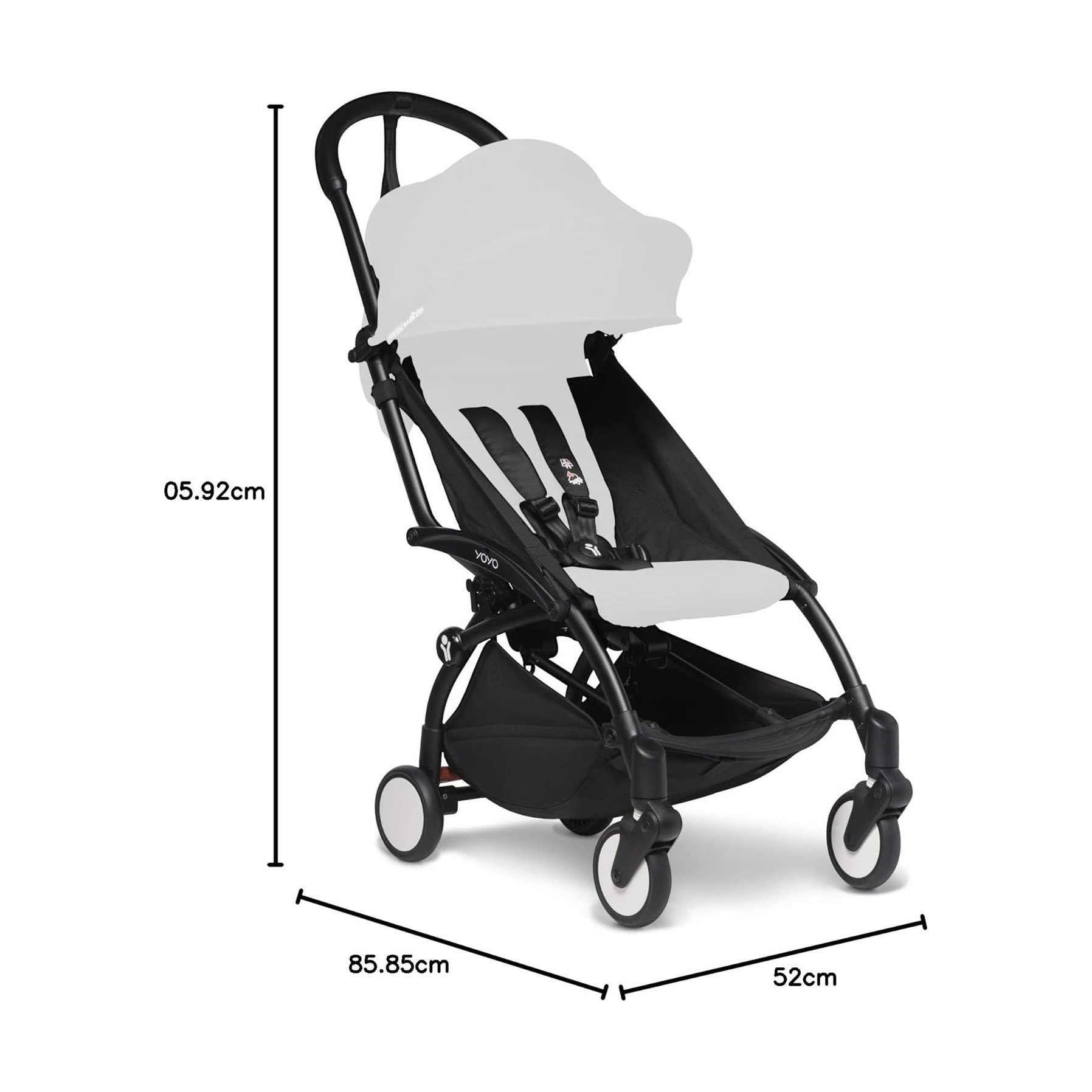 Carrinho de bebé compacto YOYO preto e branco com medidas indicadas