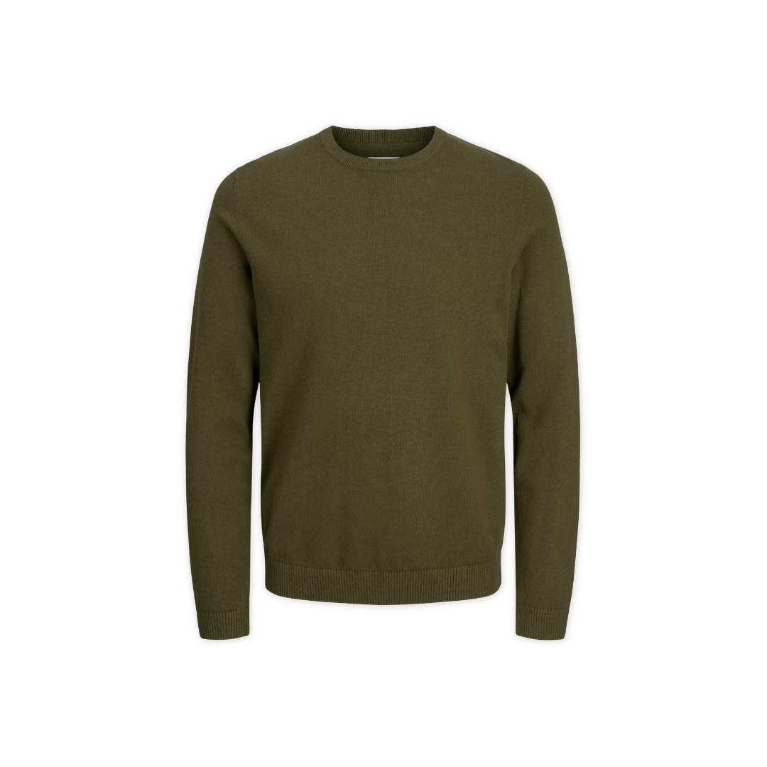 Camisola verde-oliva de malha com gola redonda e mangas compridas