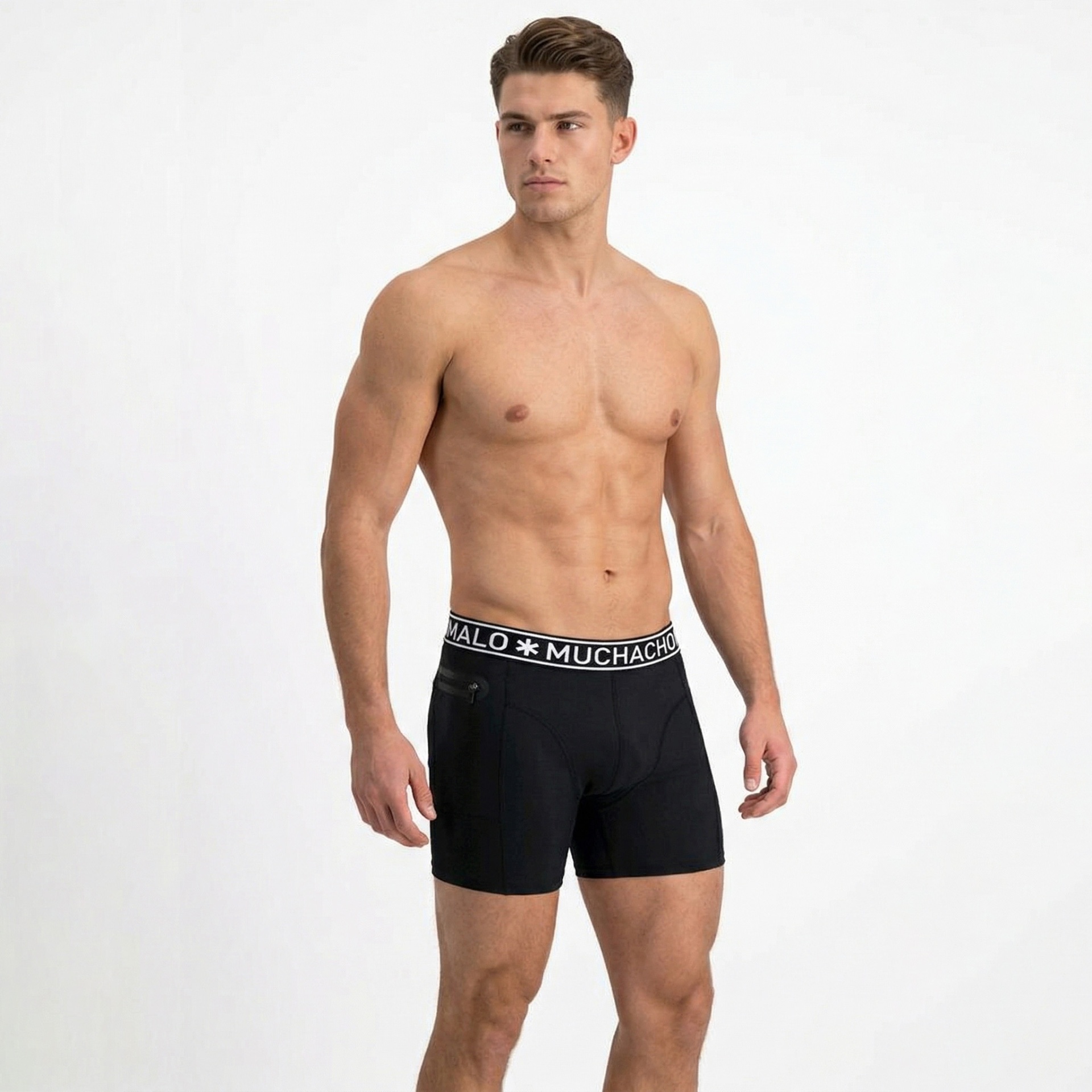 Boxer masculino preto com cós elástico com texto Muchacho Malo