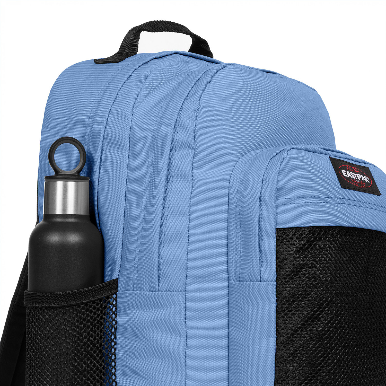 Mochila azul EASTPAK com garrafa preta e bolso de rede