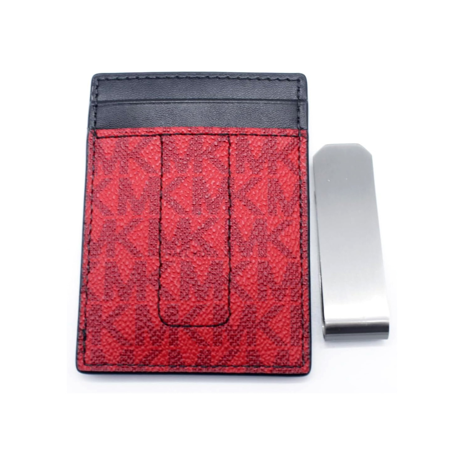 Carteira porta-cartões vermelha com padrão 'MK' e clipe de metal prateado