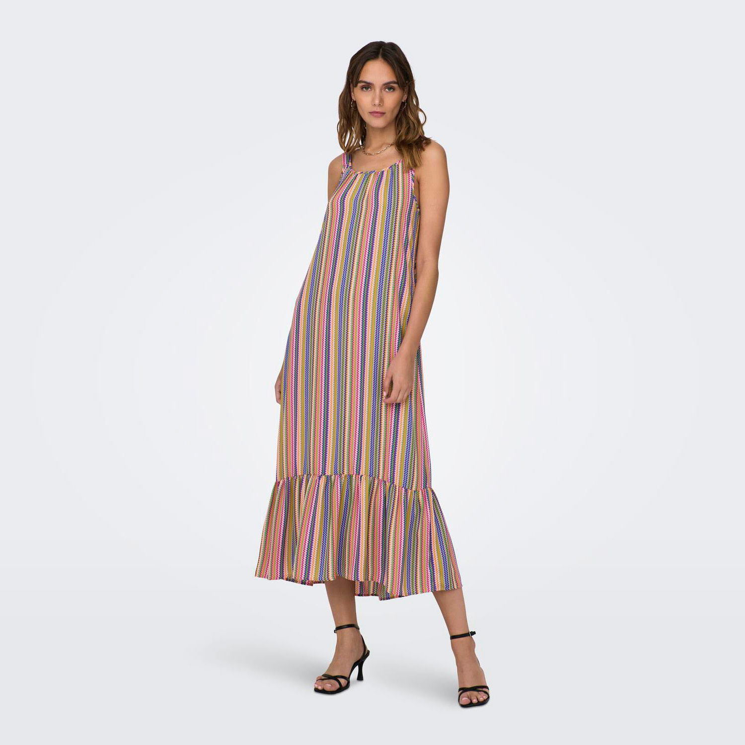 Vestido longo riscas coloridas com alças finas e folhos na barra