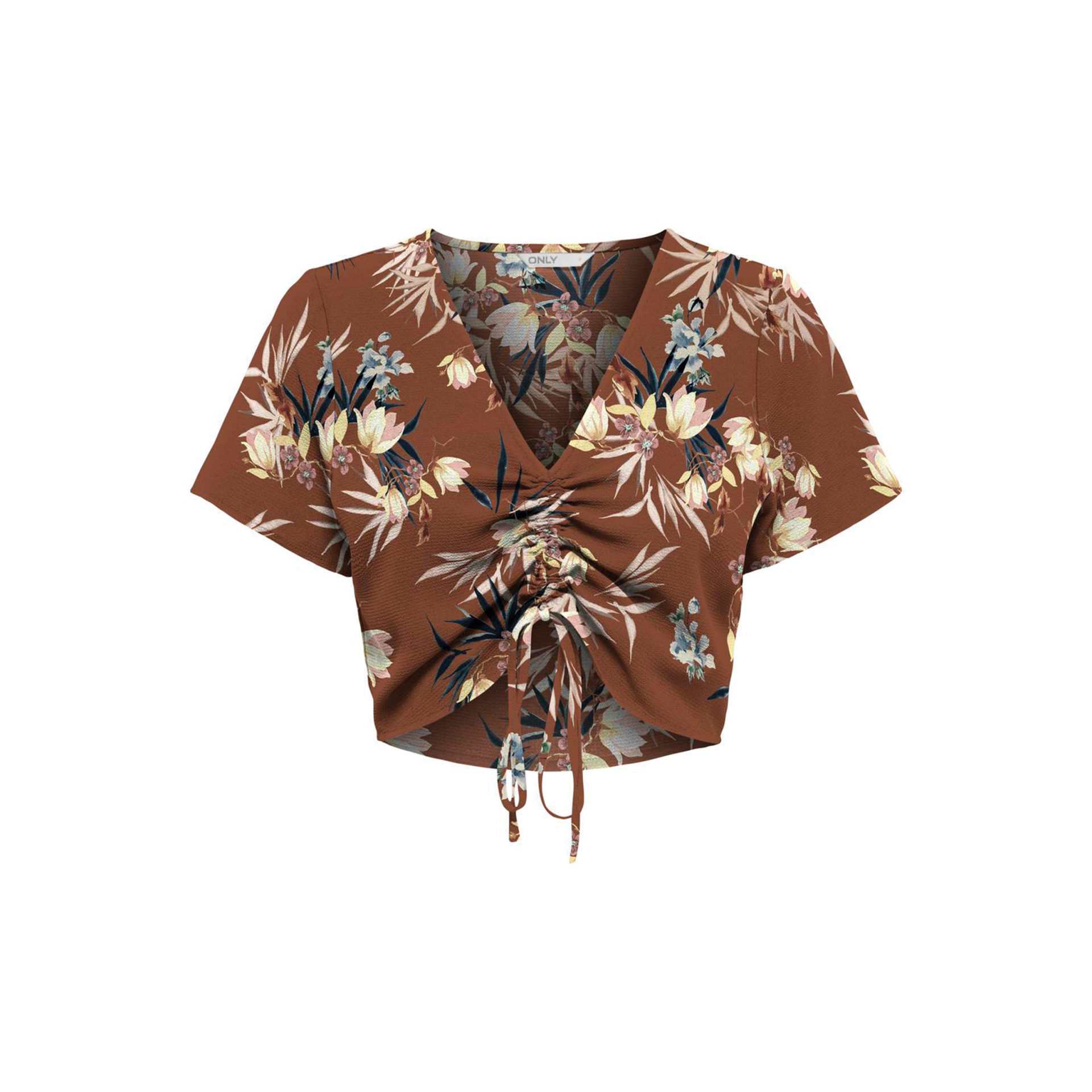 Top cropped castanho com padrão floral e cordão fruncido ao centro