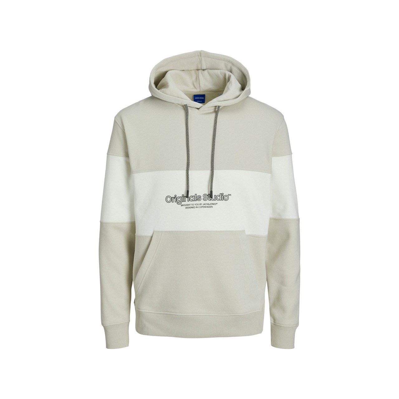 Sweatshirt bicolor bege e branco com capuz e bolso canguru