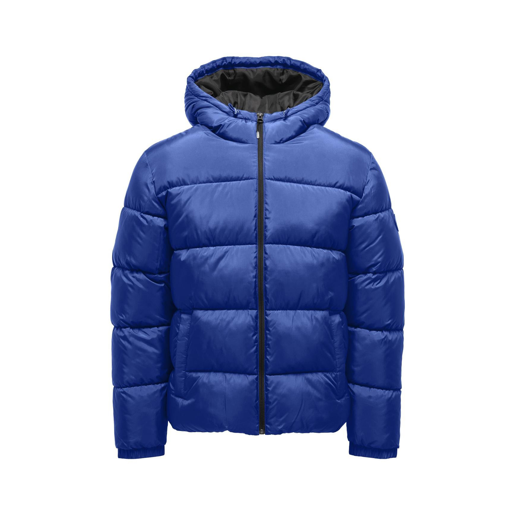 Casaco acolchoado azul com capuz e fecho de correr