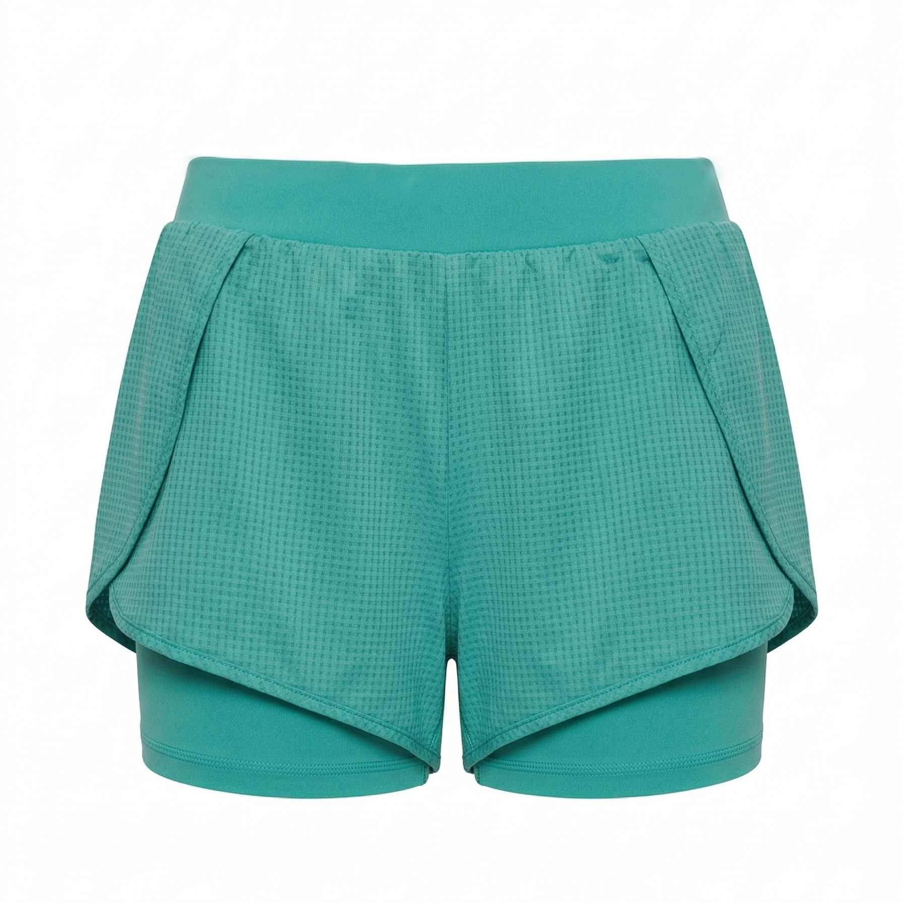 Calções de desporto femininos verdes com duas camadas e textura quadriculada