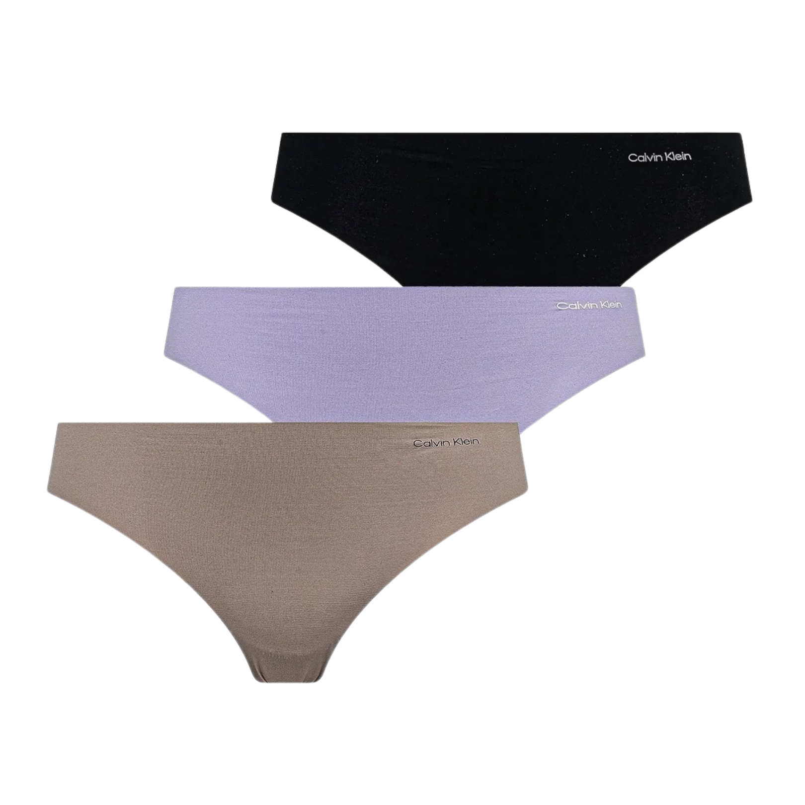 Conjunto de três cuecas Calvin Klein nas cores preto, lilás e bege com logo branco.