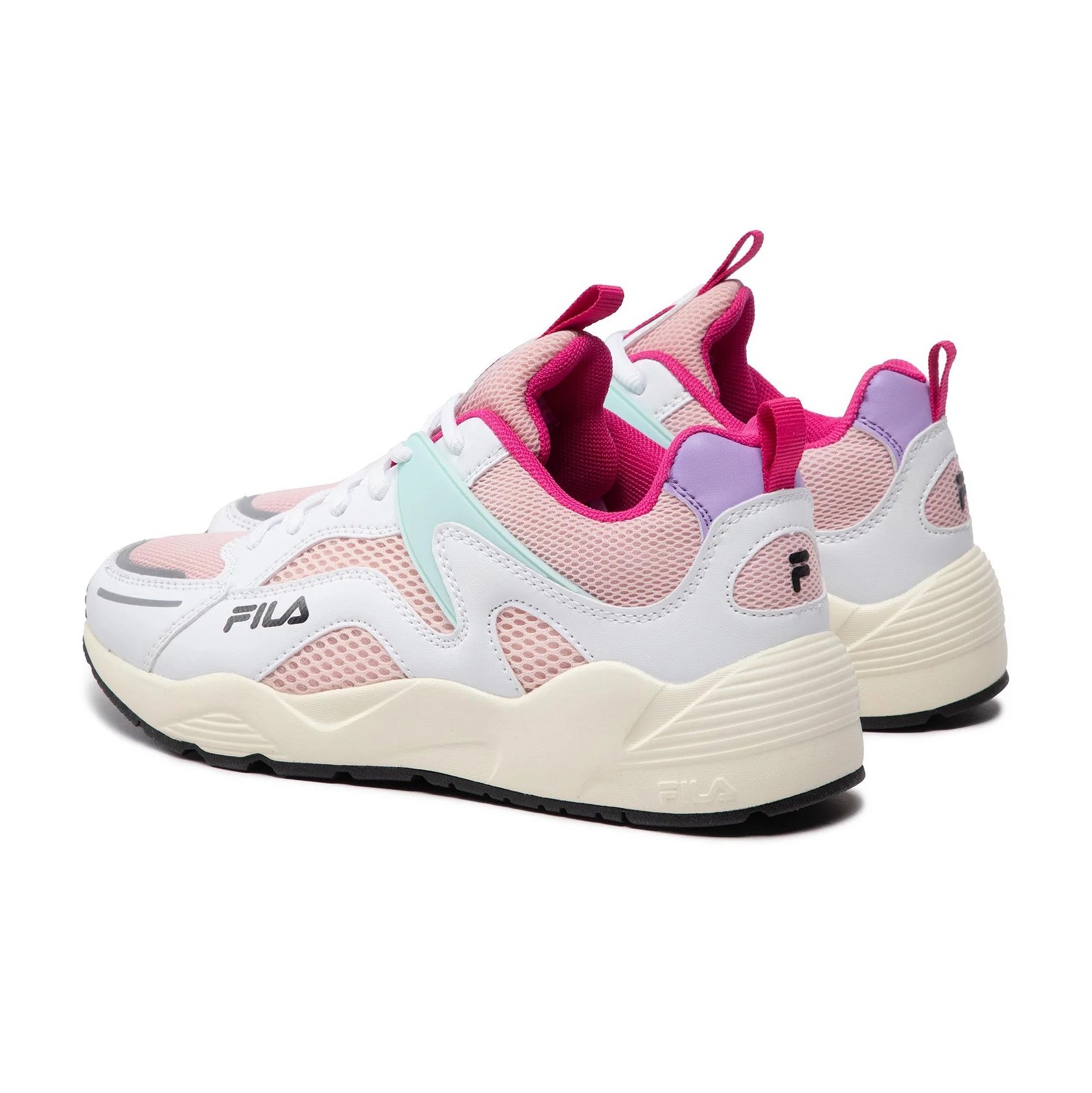 Sapatilhas Fila rosa, branco e lilás vista lateral e traseira