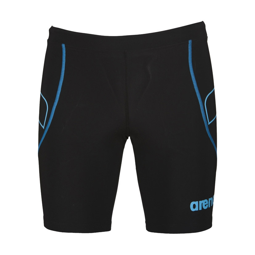 Calções de banho pretos com linhas azuis e logótipo azul