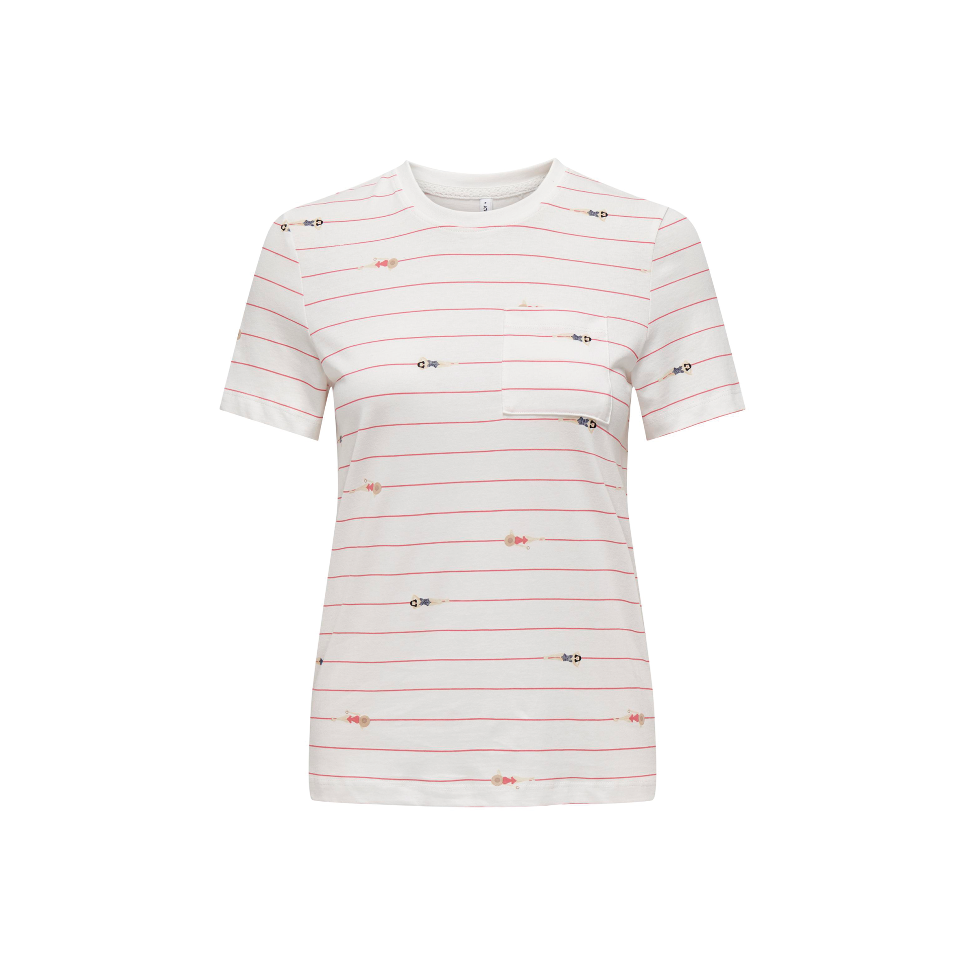 T-shirt feminina branca com riscas vermelhas e bolso no peito