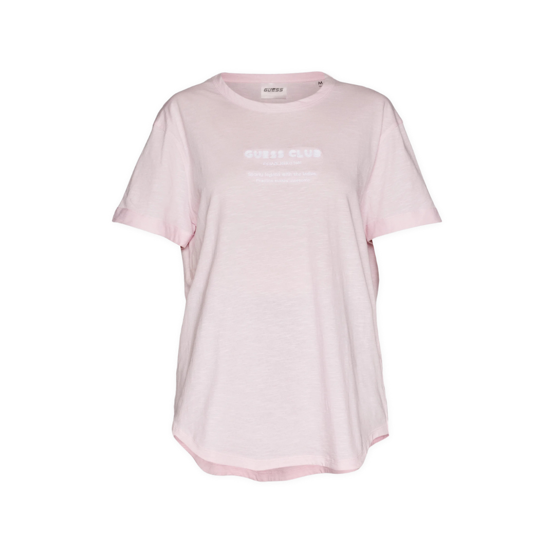 T-shirt rosa claro de manga curta com texto branco frontal