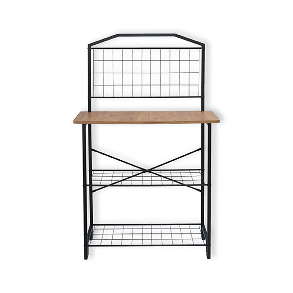 Estante multifuncional em metal preto com prateleiras gradeadas e tampo de madeira clara