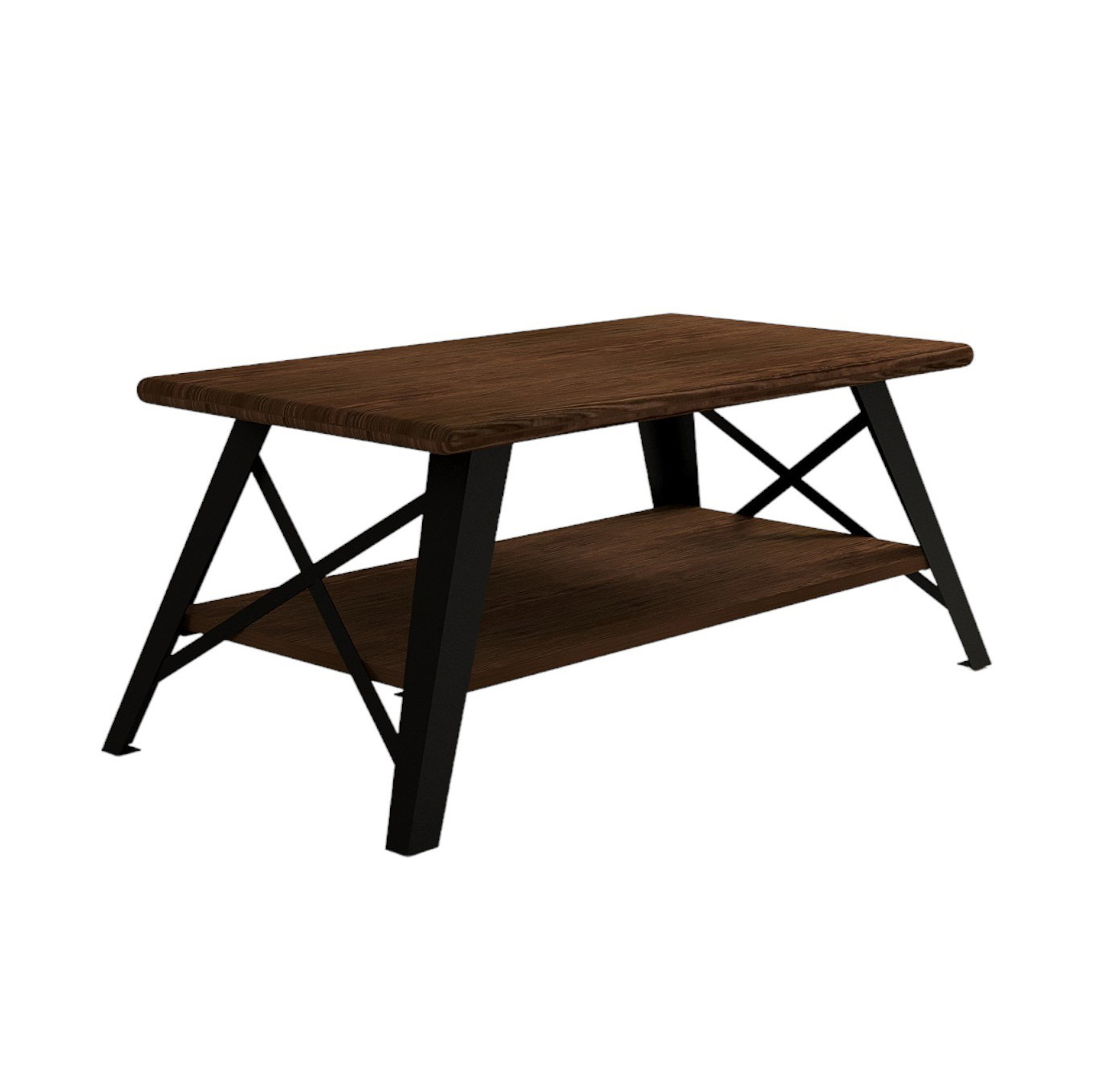 Mesa de centro em madeira e metal preto com suportes em X