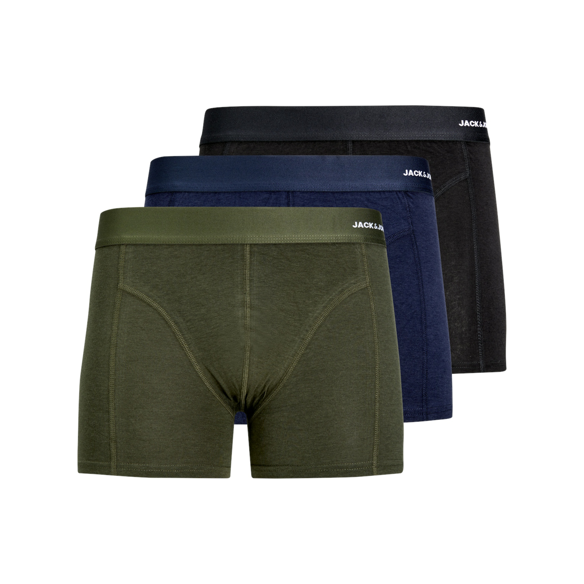 Três cuecas boxer verde, azul e preto com cós elástico com a palavra JACKS