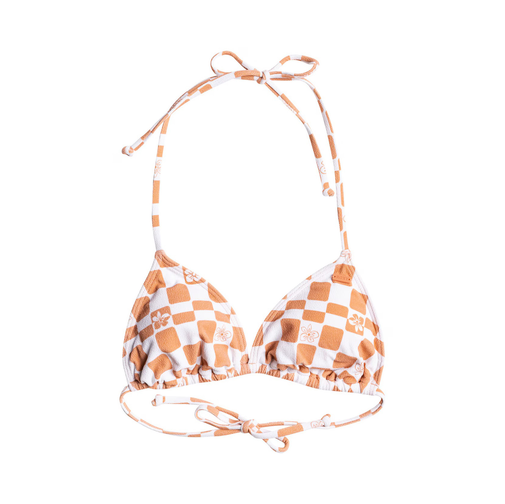 Top de bikini laranja e branco com padrão de quadrados