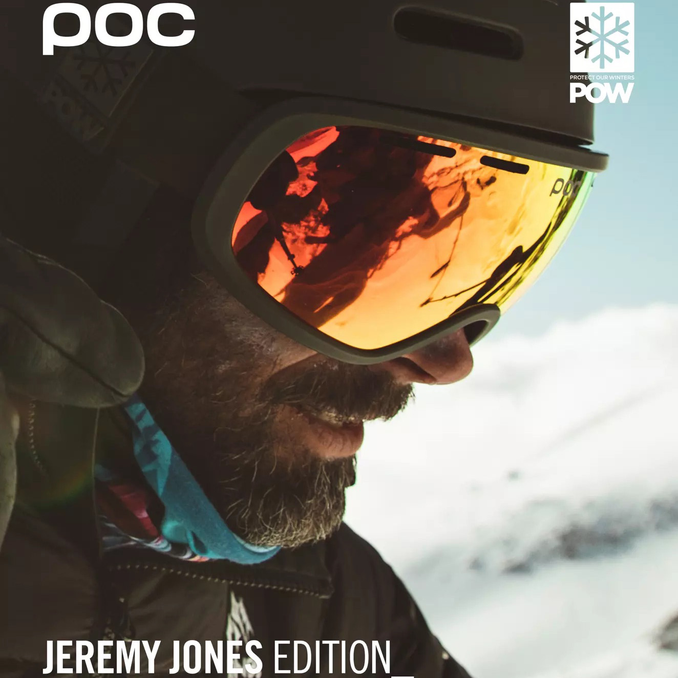 Óculos desporto com lentes refletoras laranja e texto JEREMY JONES EDITION