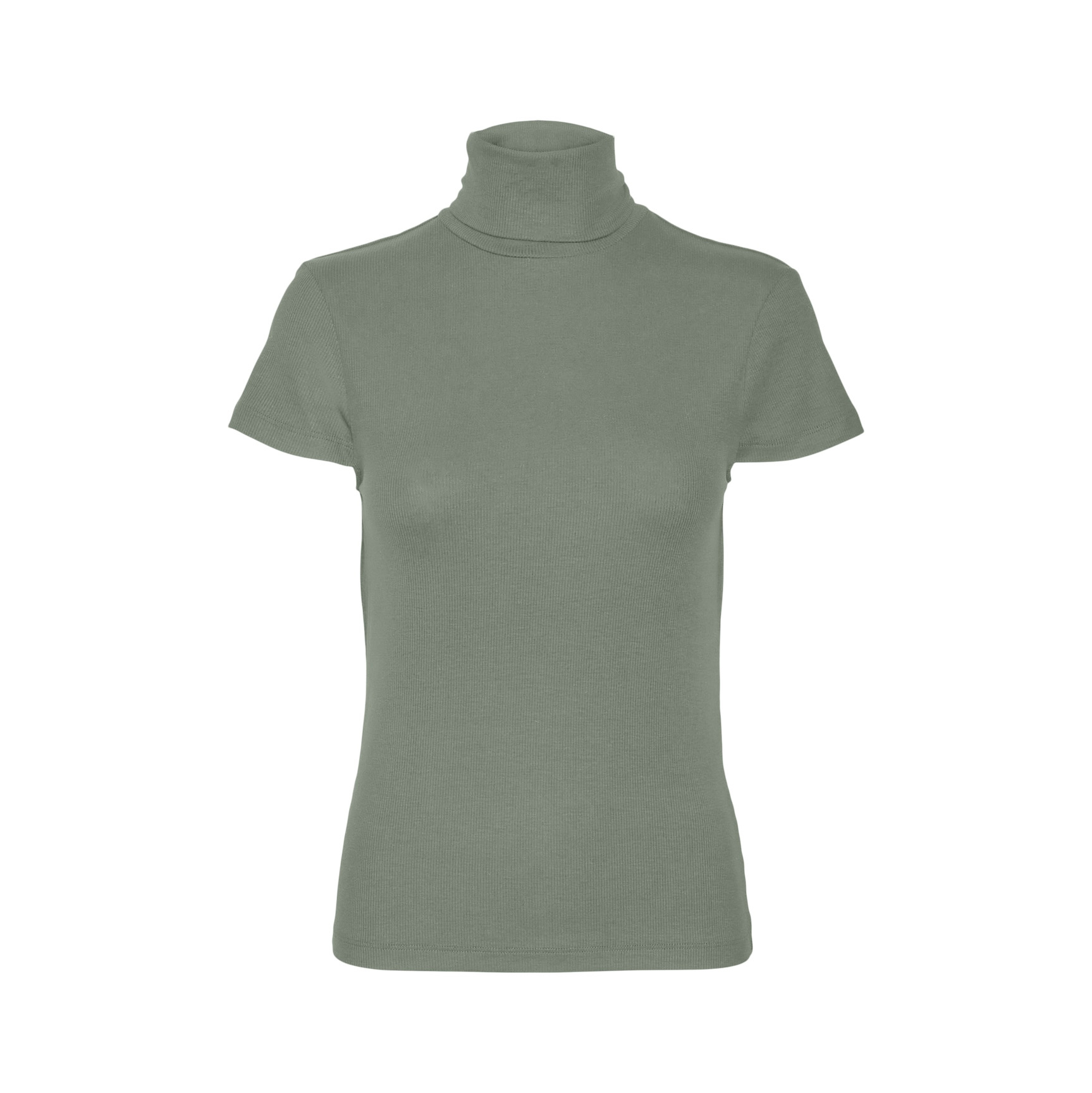 Camisola feminina verde-acinzentada de gola alta e manga curta