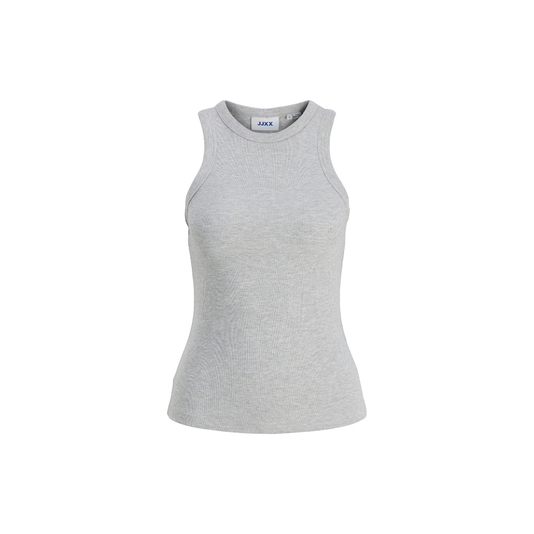 Camisola cinzenta de malha sem mangas com gola redonda e etiqueta JACKE