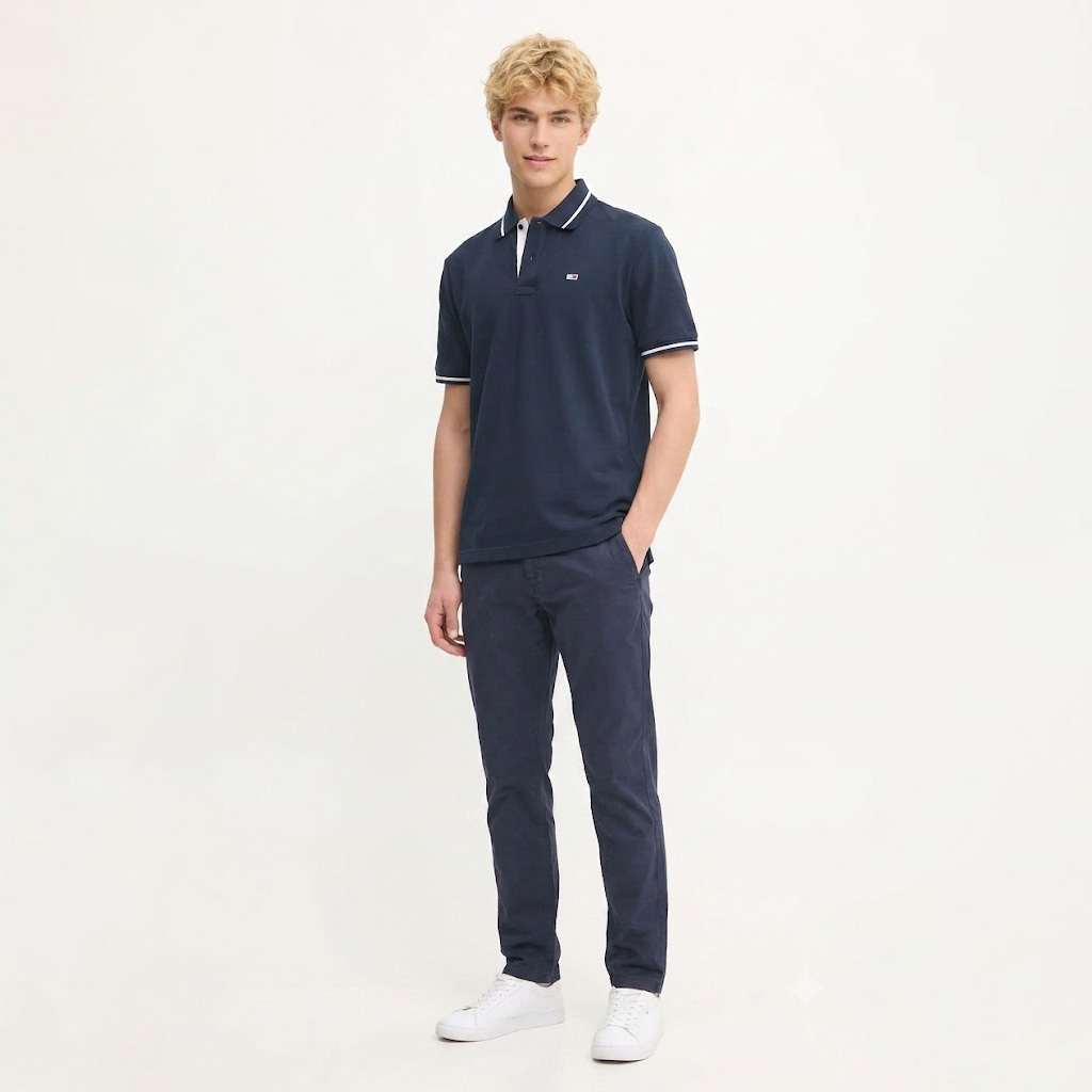 Homem jovem com polo azul escuro, calças e sapatos brancos em fundo branco