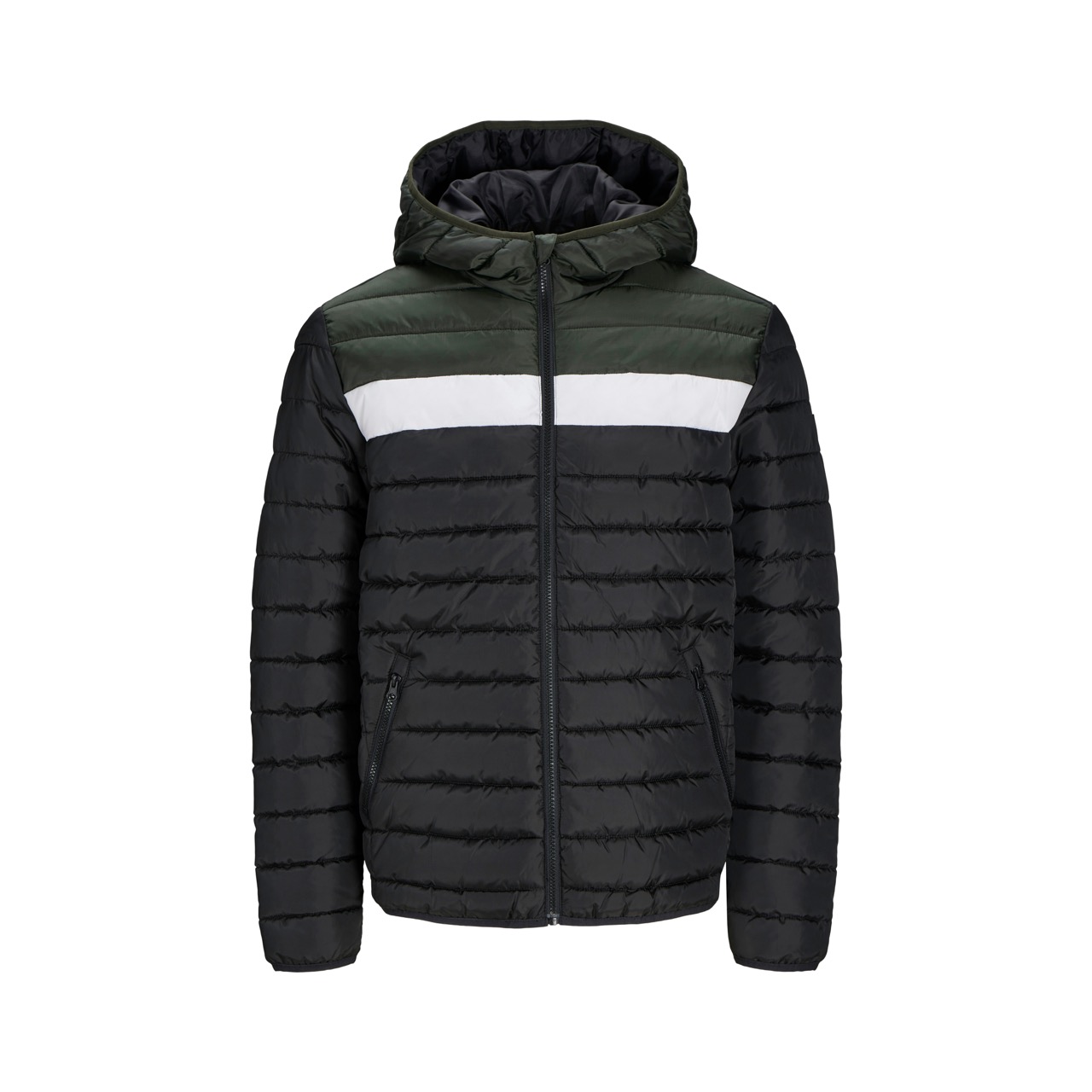 Casaco acolchoado com riscas em preto, verde escuro e branco com capuz