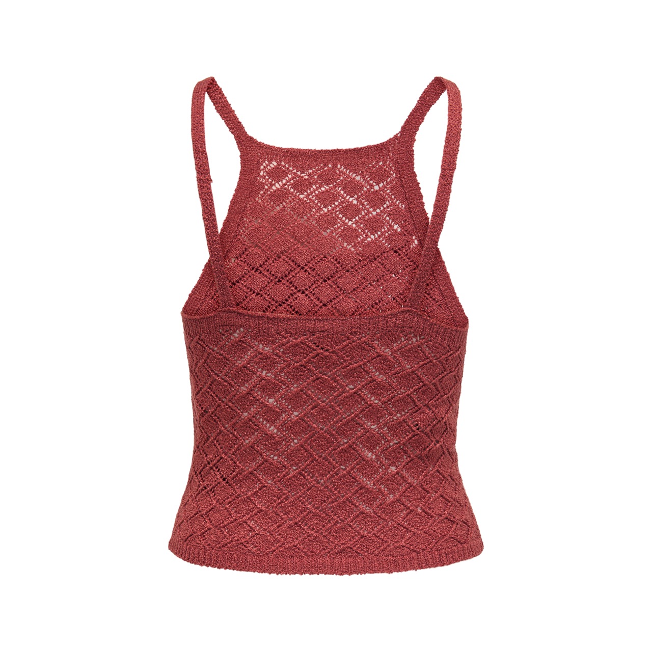 Top feminino vermelho de malha com padrão geométrico e alças finas