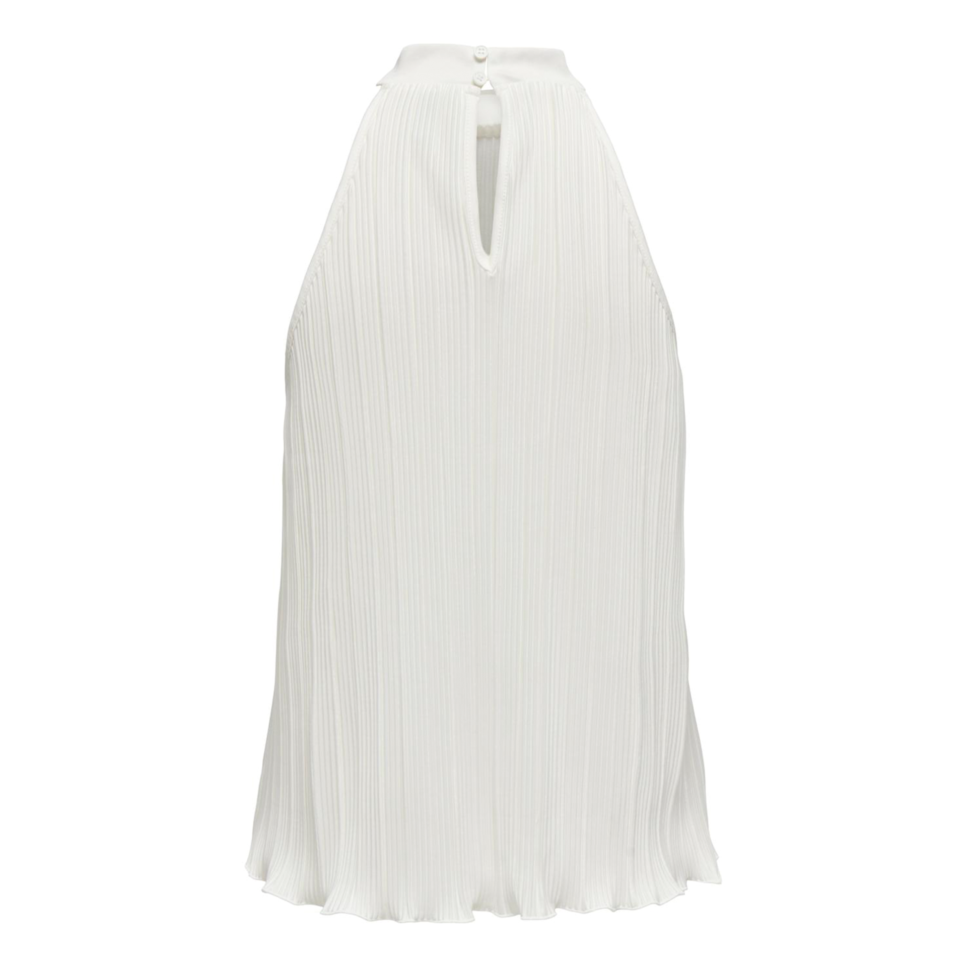Saia plissada branca com gola alta e abertura em gota