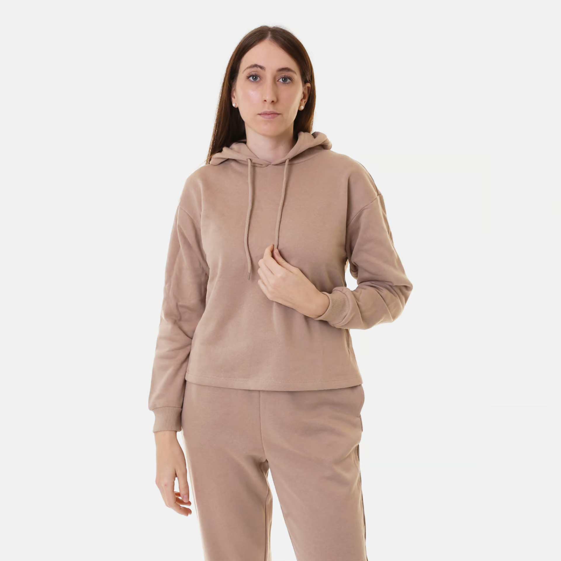 Sweatshirt bege claro com capuz e cordões