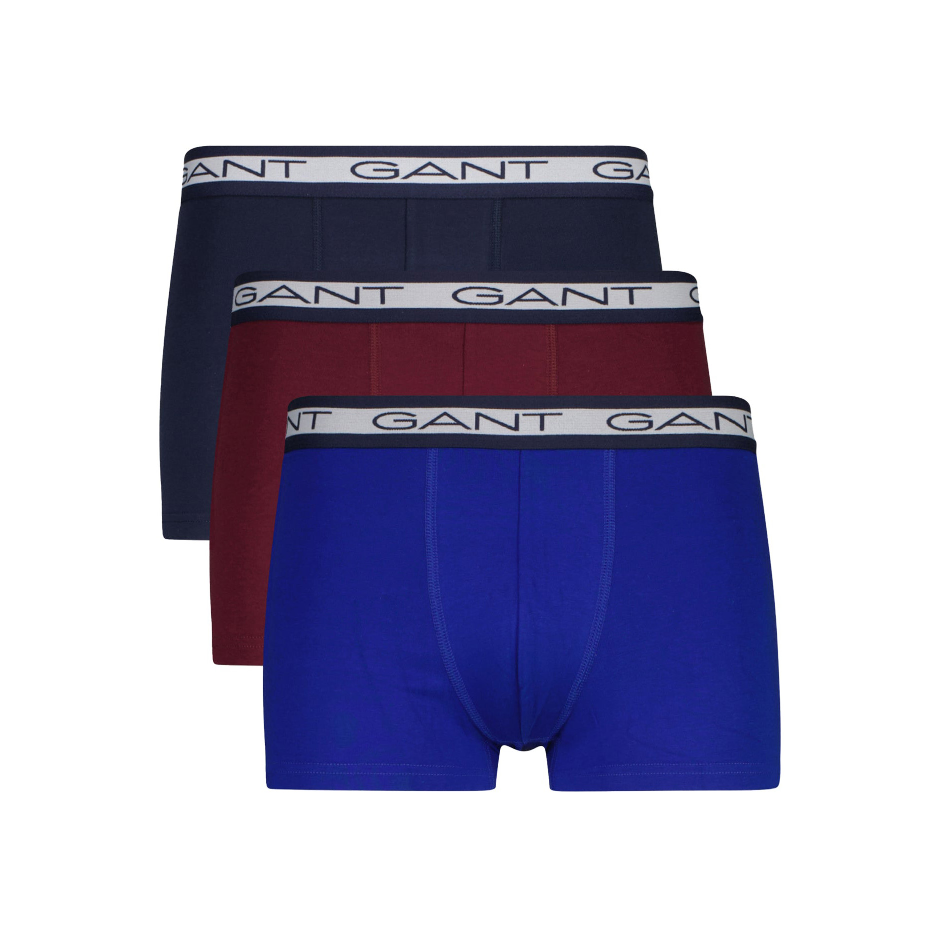 Três cuecas boxer masculinas azul, vermelho e preto com elástico GANT branco