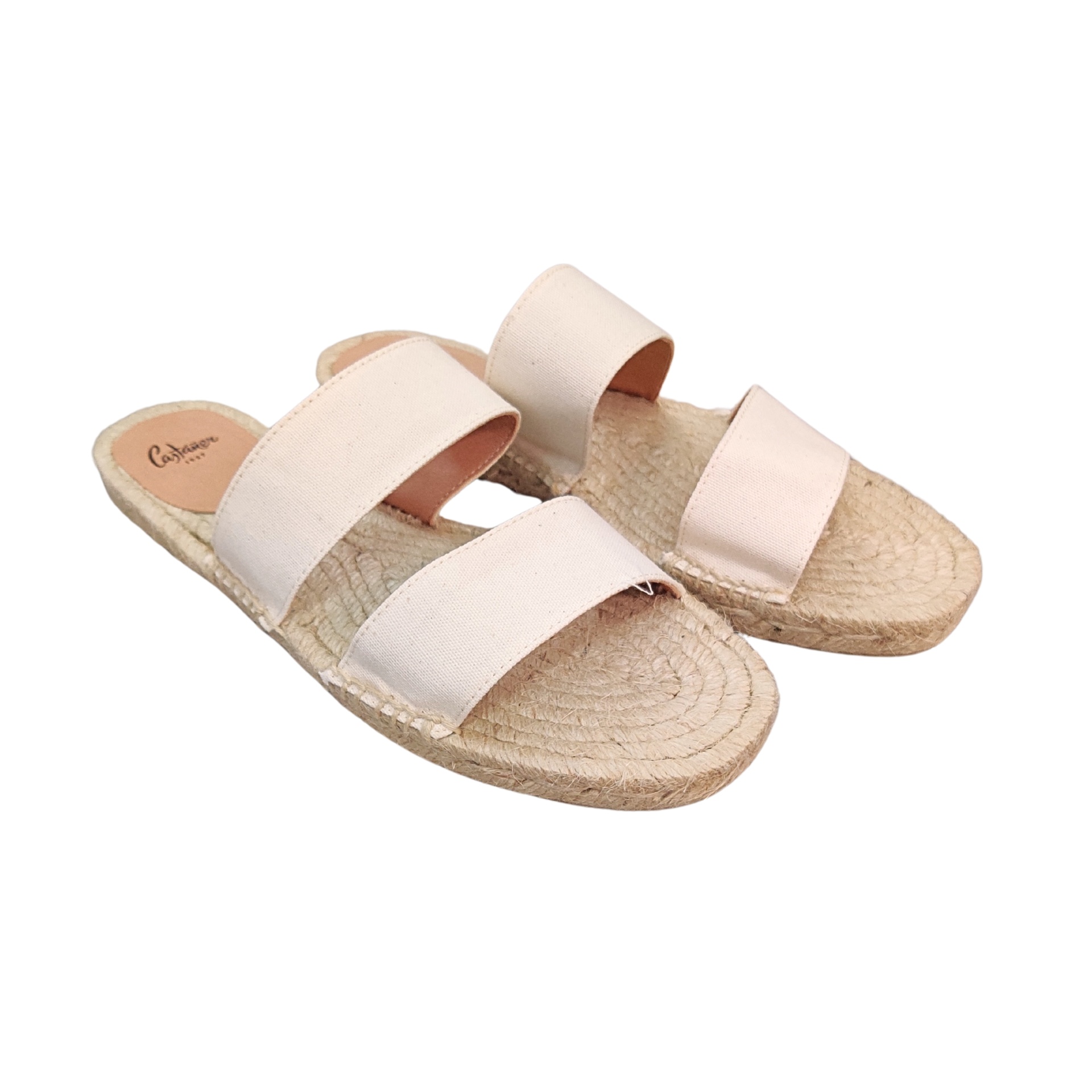 Sandálias de senhora com tiras de tecido bege e sola de palha