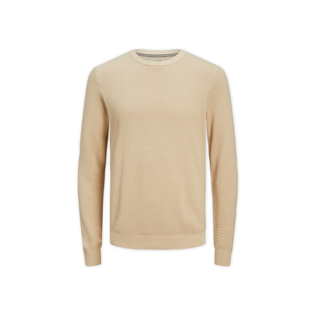 Camisola bege de malha com padrão texturizado e gola redonda