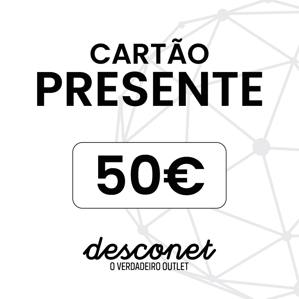 Cartão presente branco com valor 50€ e logotipo desconet