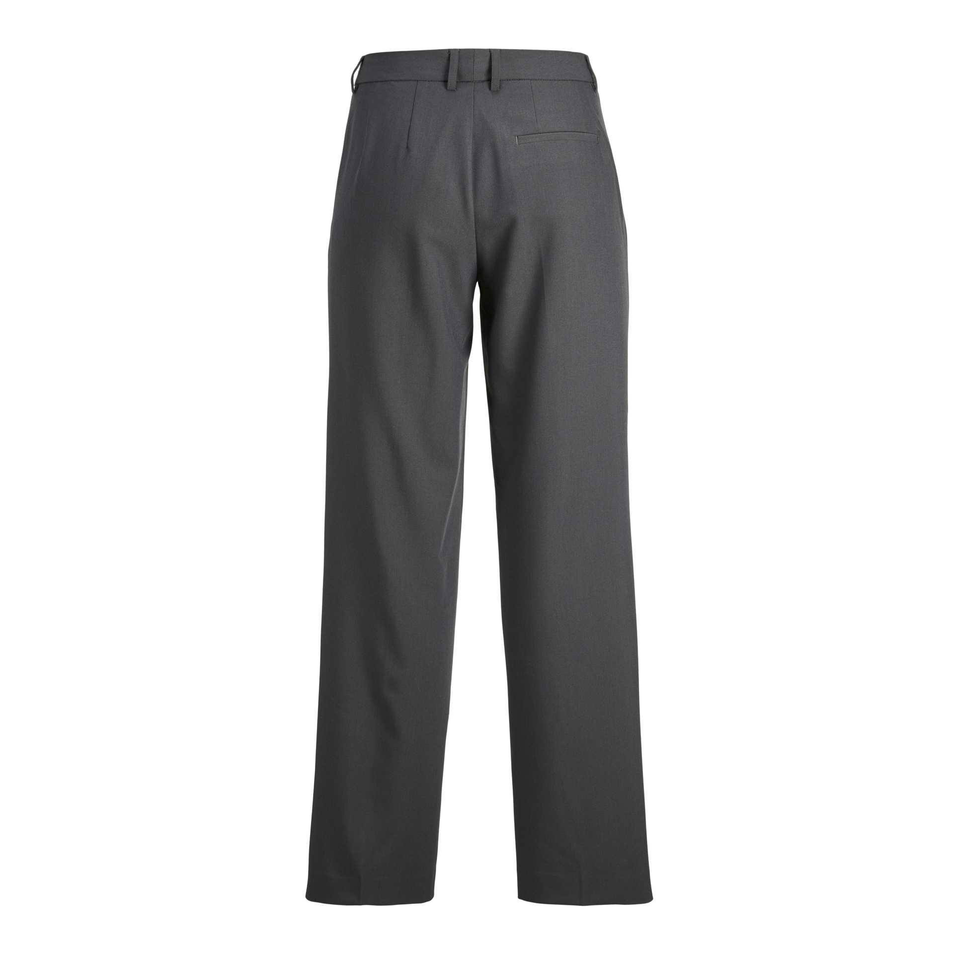 Calças cinzentas escuras de tecido com bolso traseiro e passantes para cinto