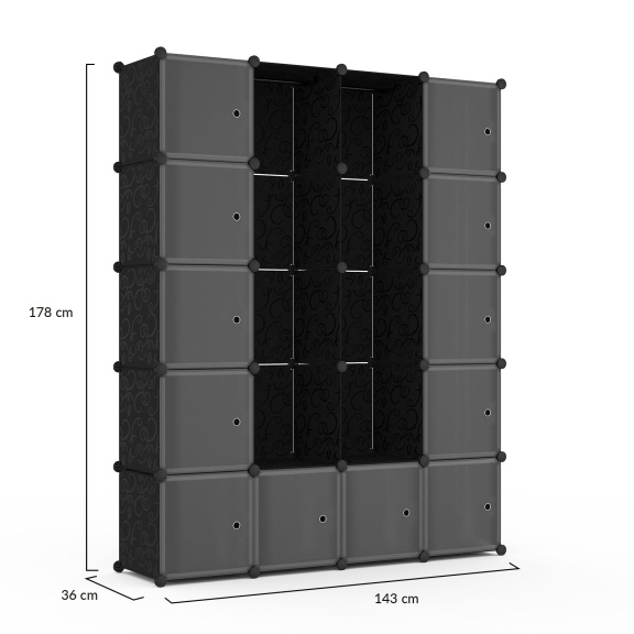 Armário modular preto com caixas e portas