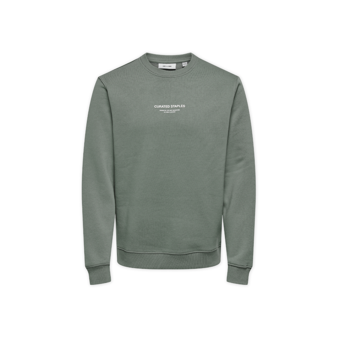 Camisola verde-acinzentada com gola redonda e texto CENTRALIZED EXPLORER no peito