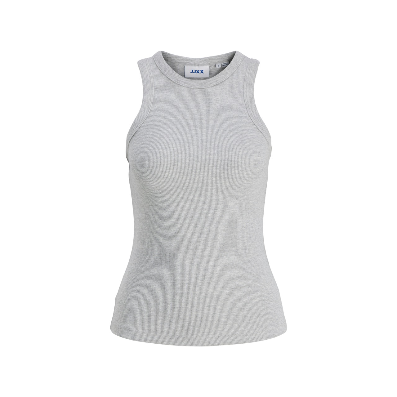 Camisola cinzenta sem mangas com gola redonda e tecido canelado