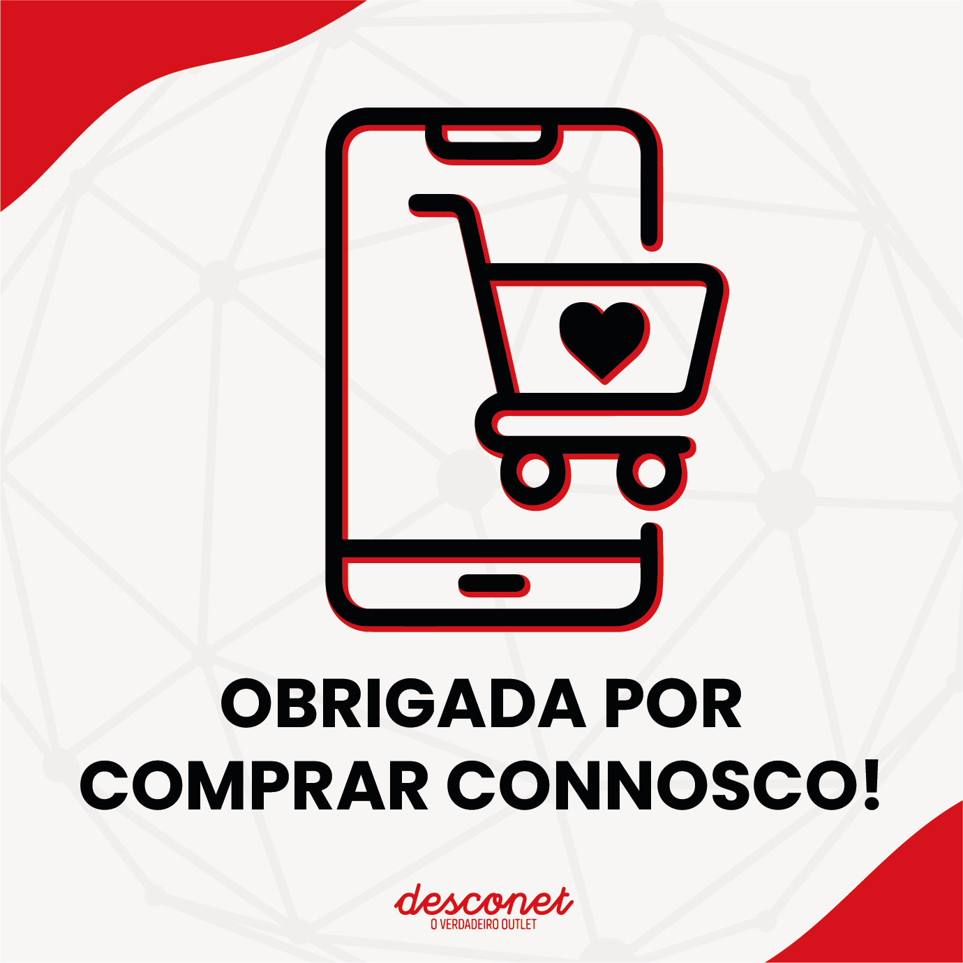 Telemóvel com carrinho de compras e texto de agradecimento pela compra em fundo branco e vermelho