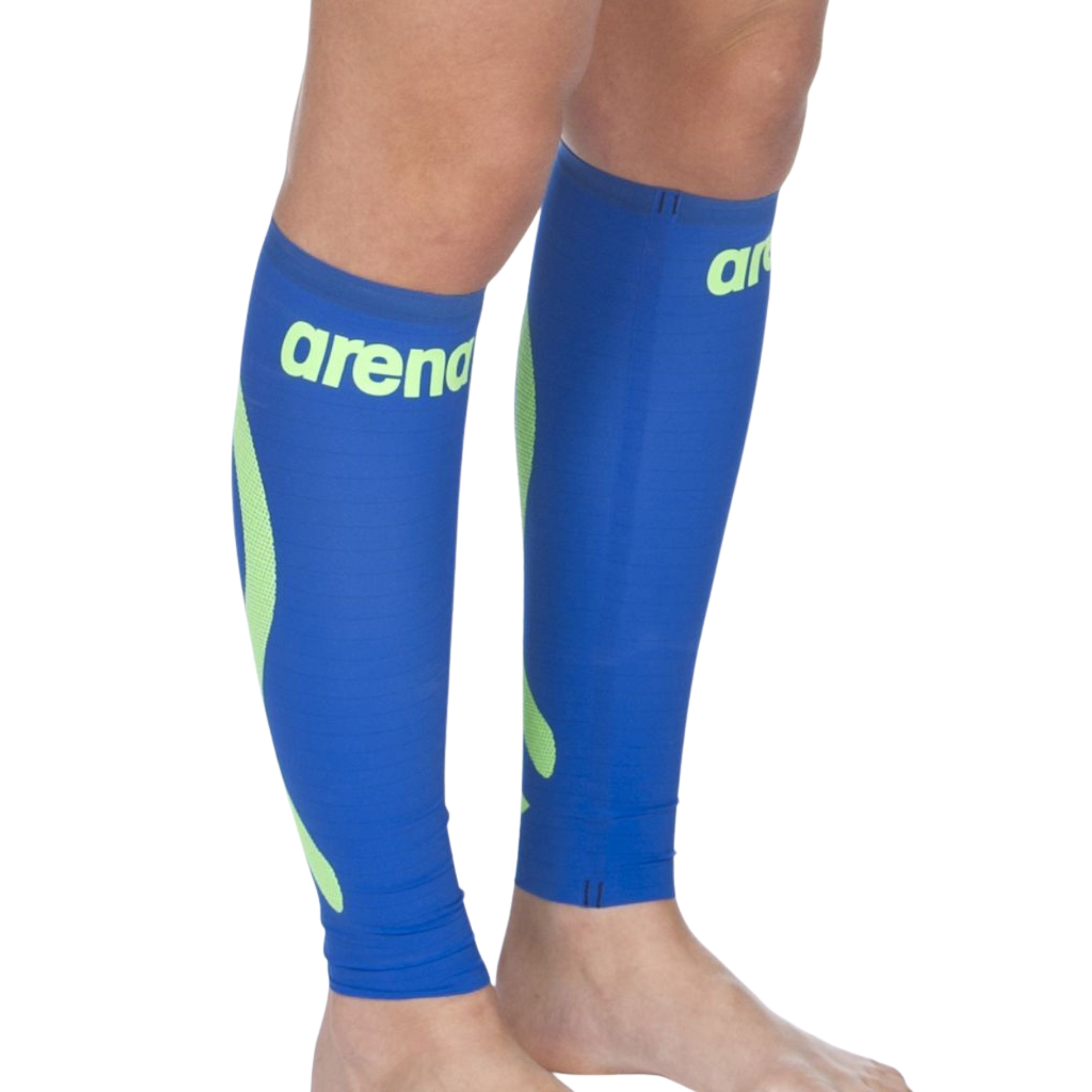 Manguitos azuis com detalhes verdes e marca arena em amarelo