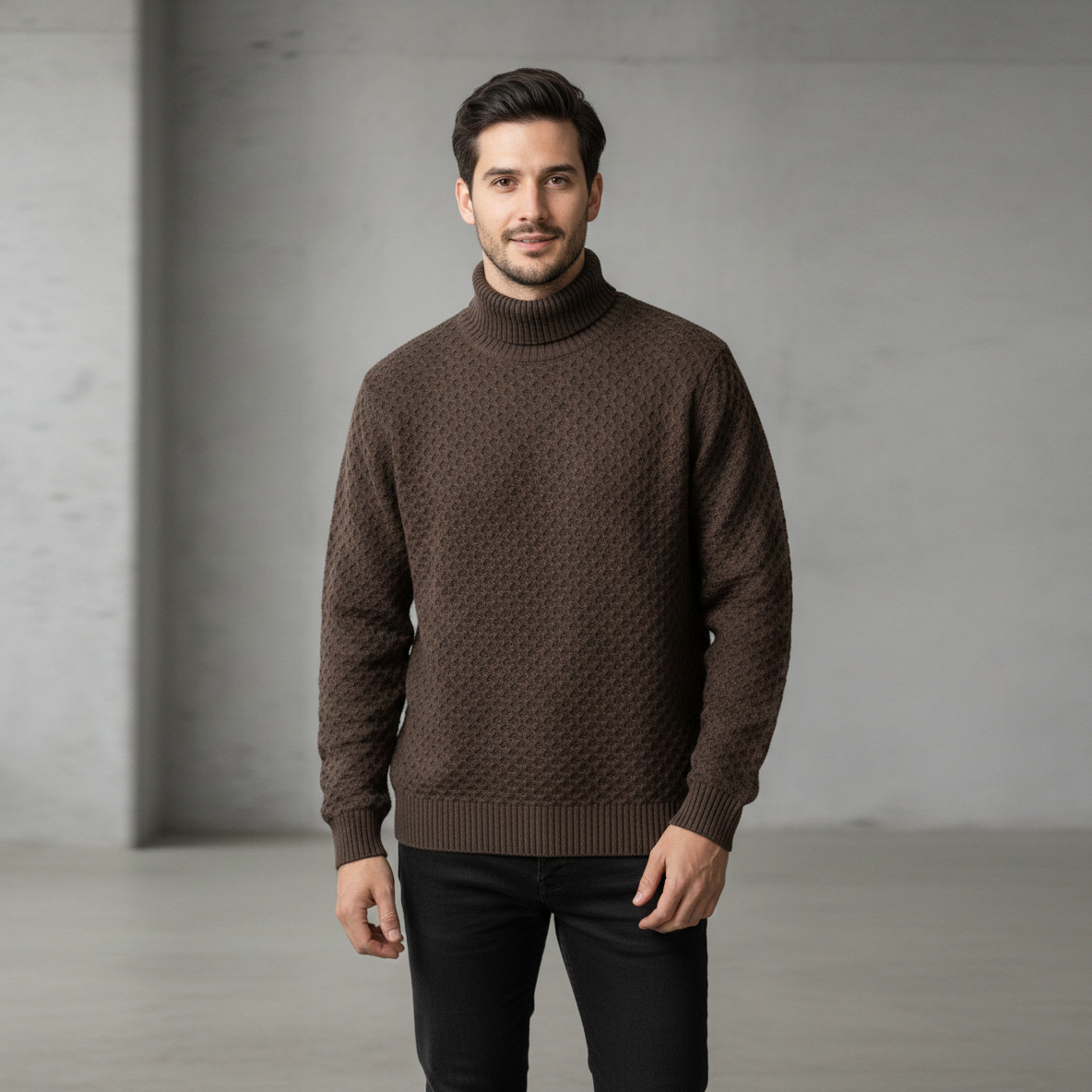 Homem com camisola castanha de gola alta e calças pretas
