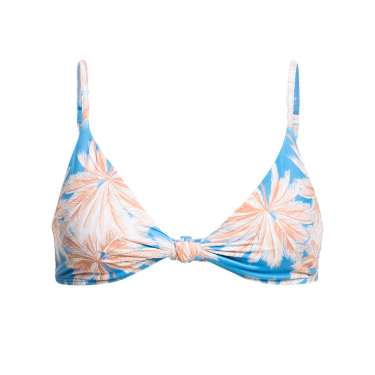 Top de biquíni azul com padrão floral e nó central