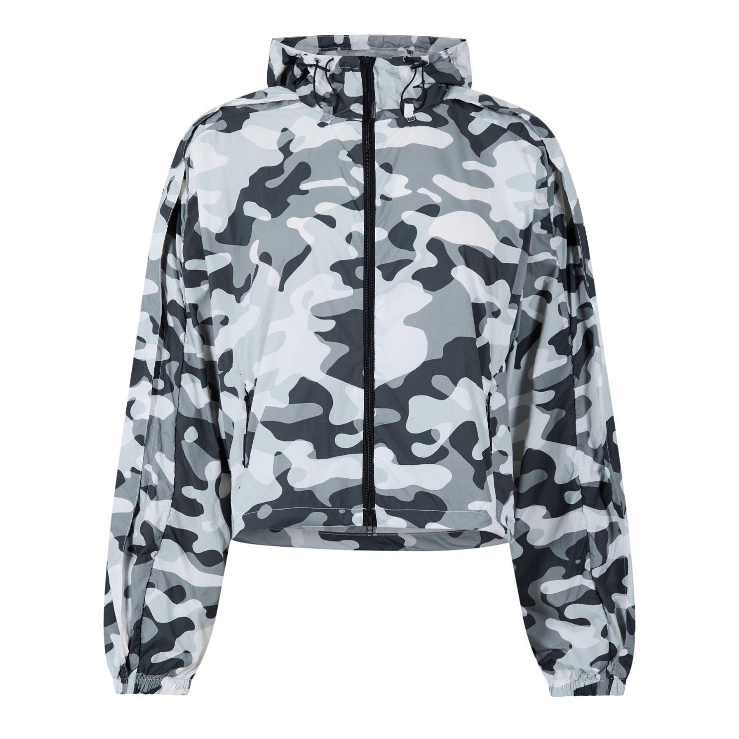 Casaco camuflado cinzento com capuz e fecho