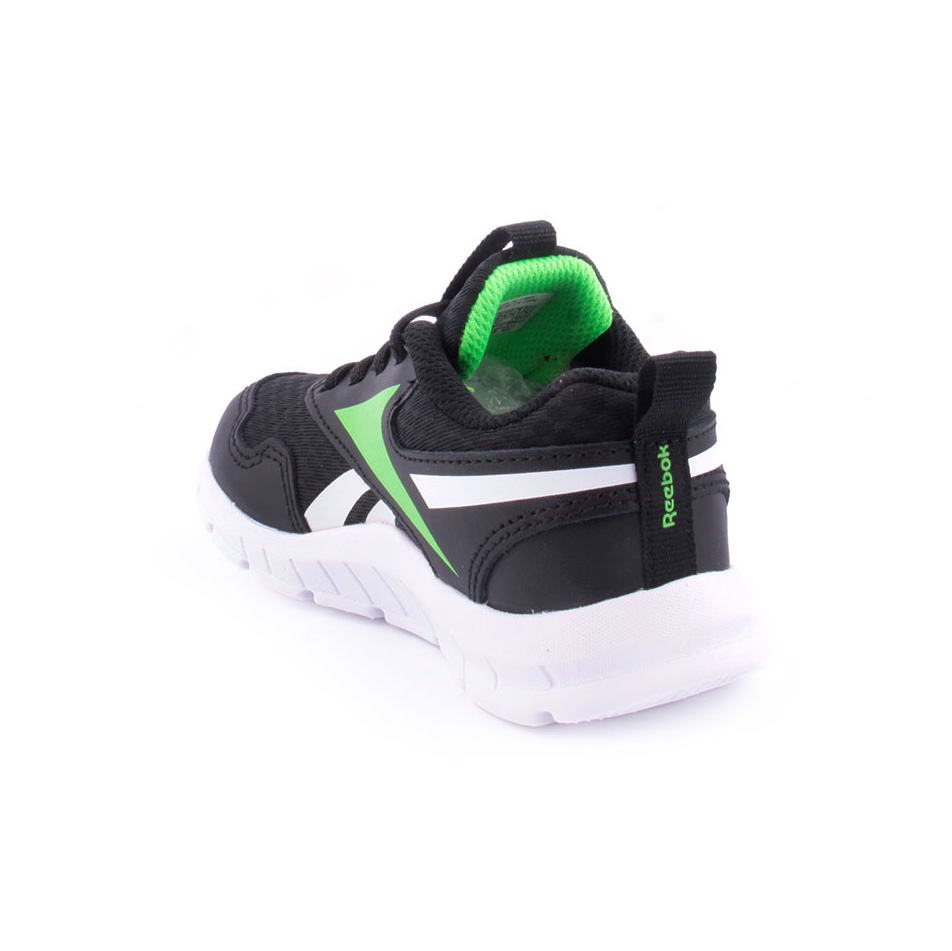 Ténis desportivos Reebok pretos com verde e branco, visto de trás