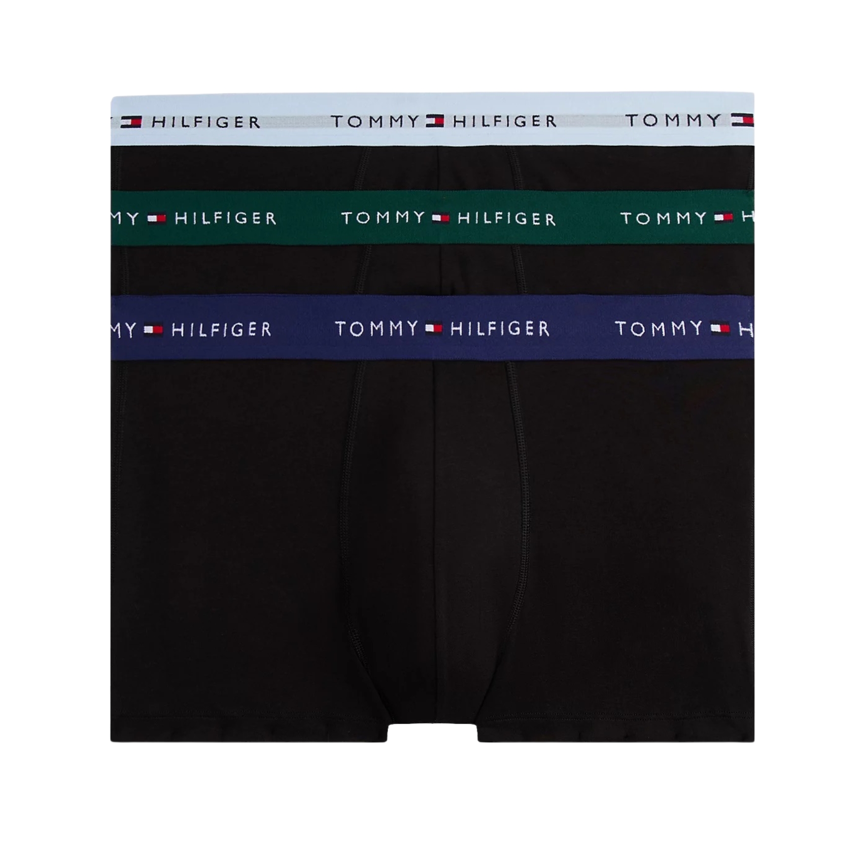 Três cuecas boxer pretas com cintas elásticas coloridas com texto Tommy Hilfiger