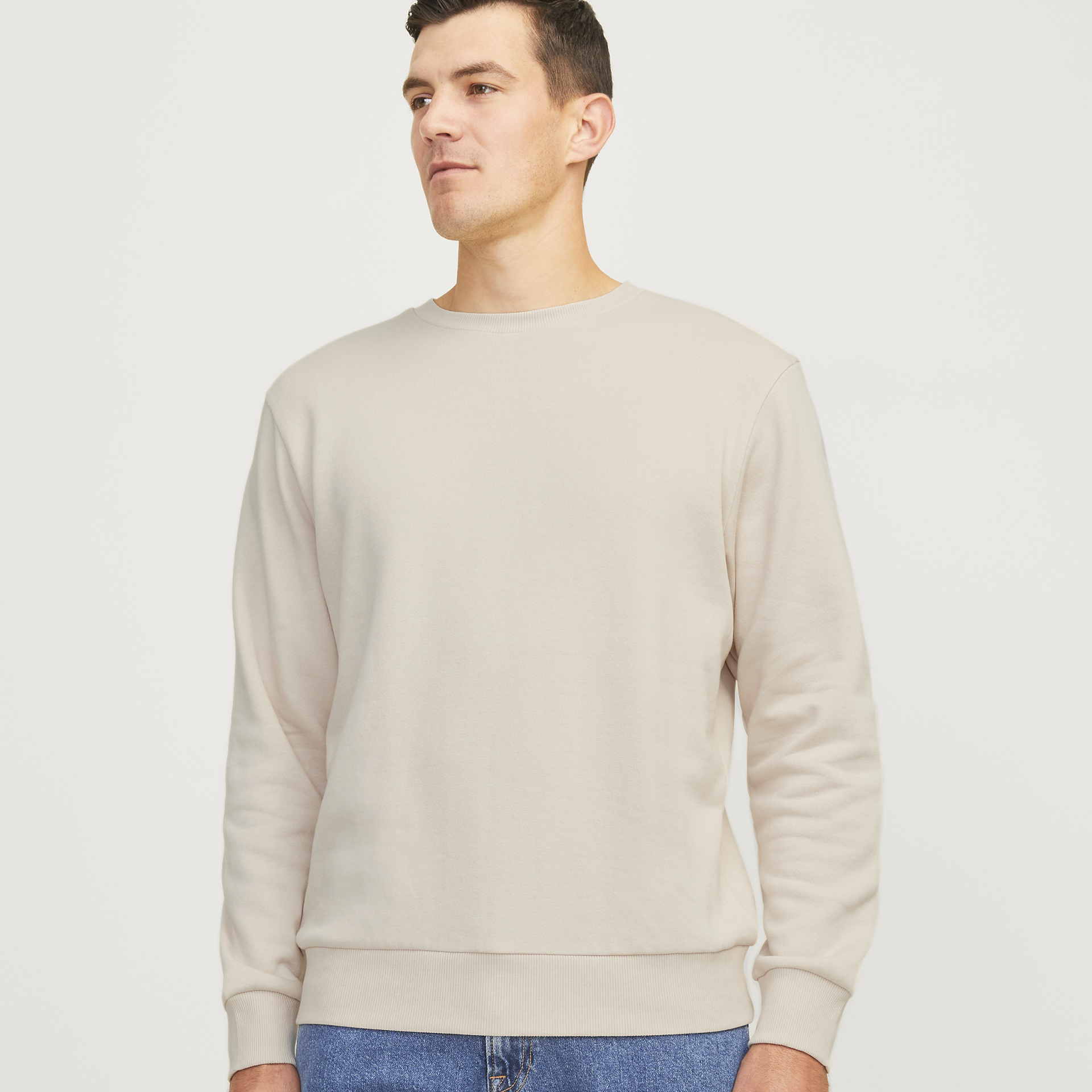 Sweatshirt masculina bege claro de manga comprida com gola redonda
