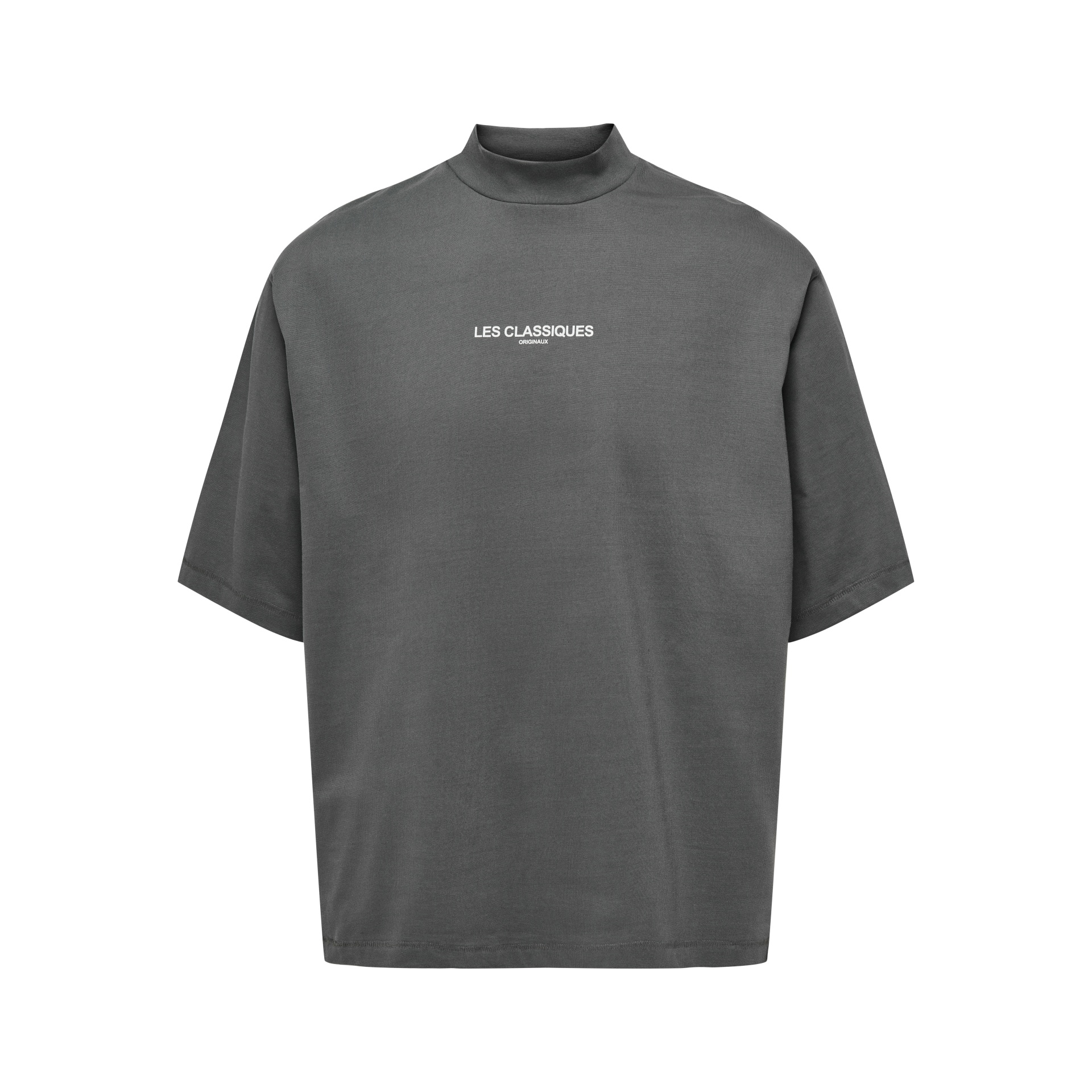 T-shirt cinzenta de manga curta com gola alta e texto branco no peito