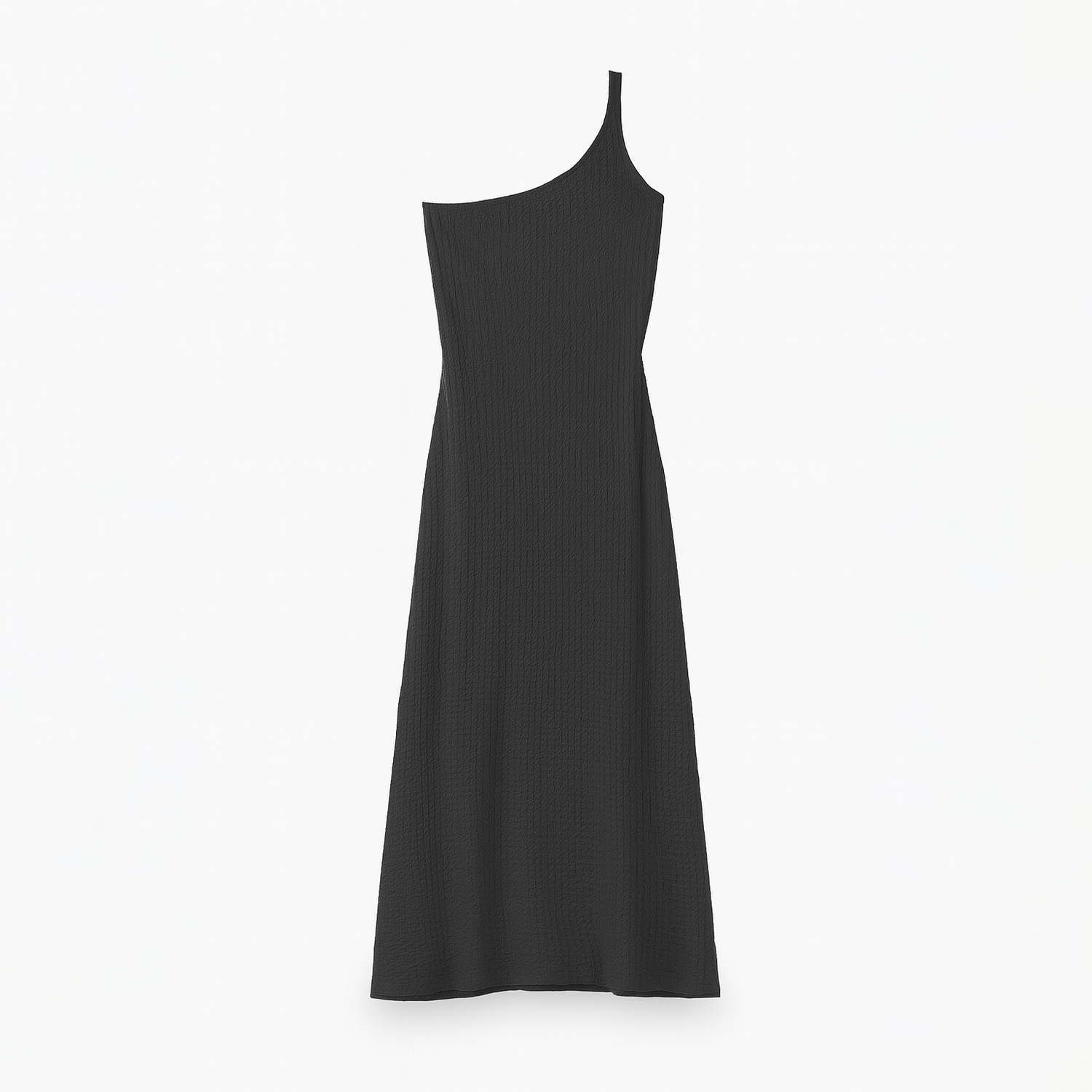 Vestido preto longo com alça única e textura vincada