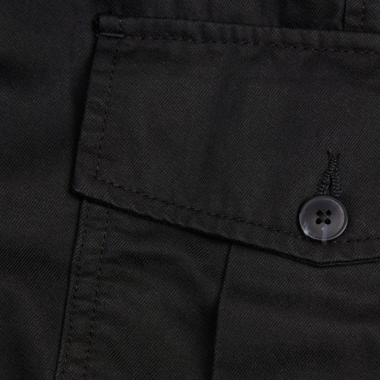 Bolso com aba e botão em tecido preto numa peça de roupa