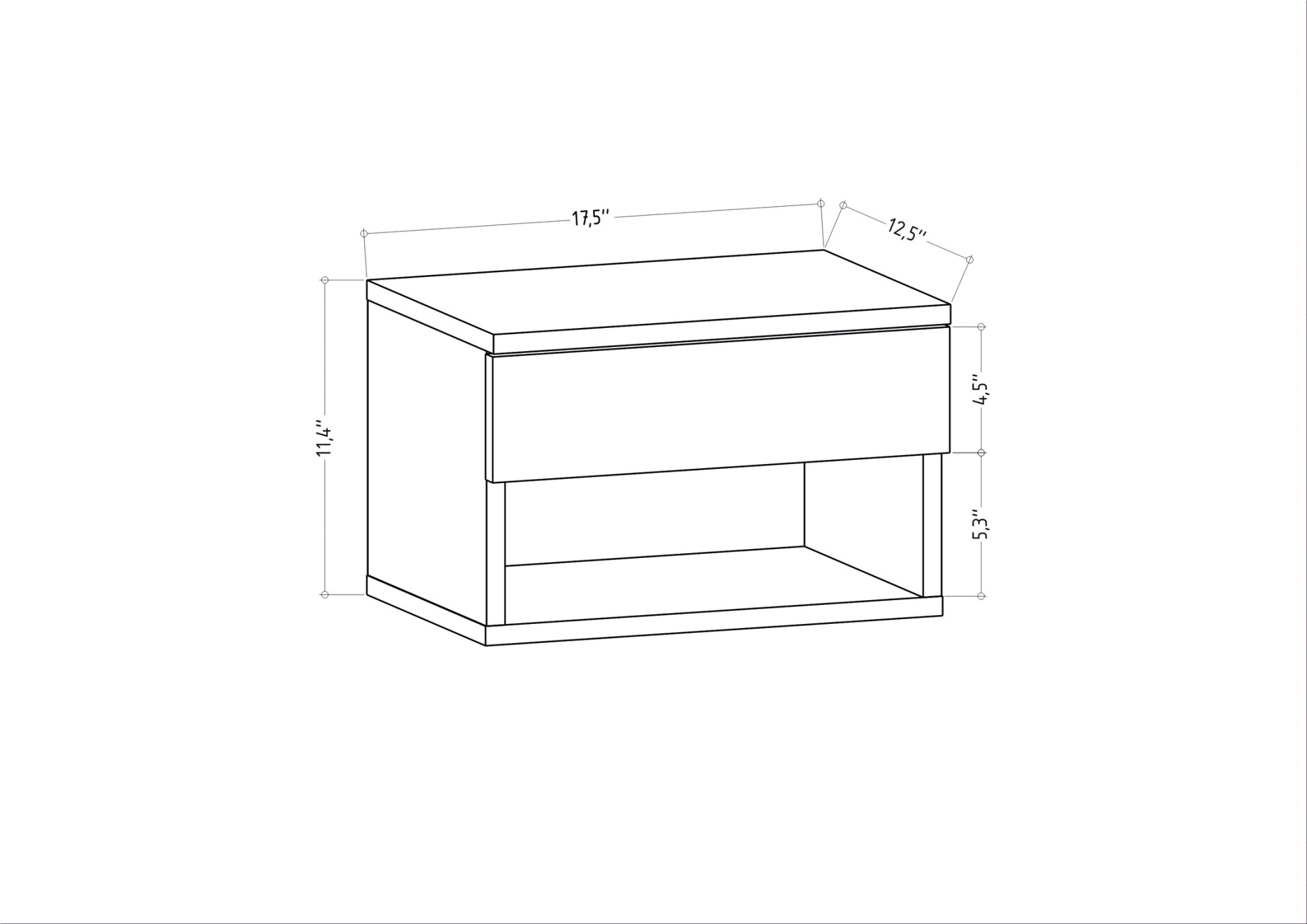 Desenho técnico de mesa de cabeceira com medidas em polegadas