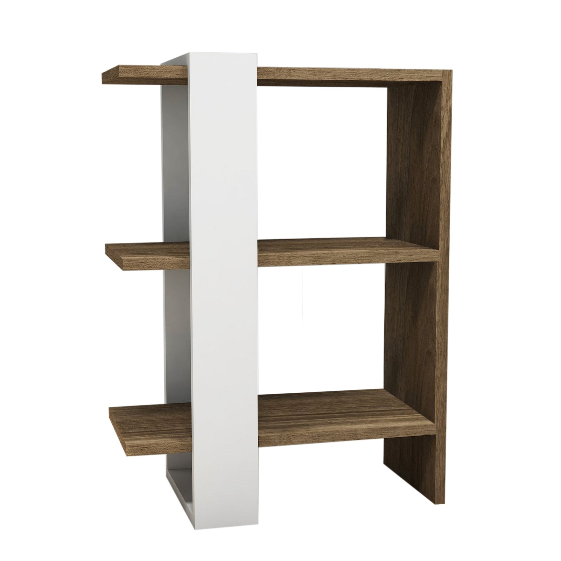 Estante de madeira castanha com coluna branca vertical e três prateleiras
