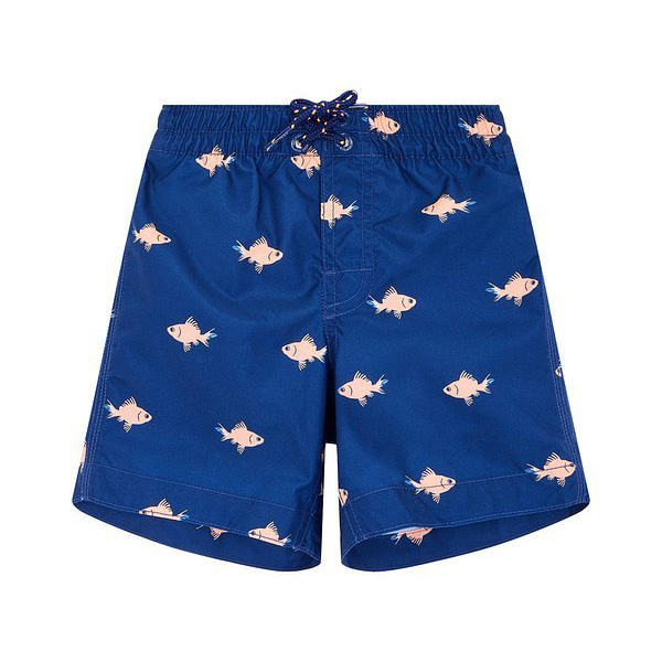 Calções de banho azuis com padrão de peixes cor-de-rosa e cintura elástica com cordão ajustável