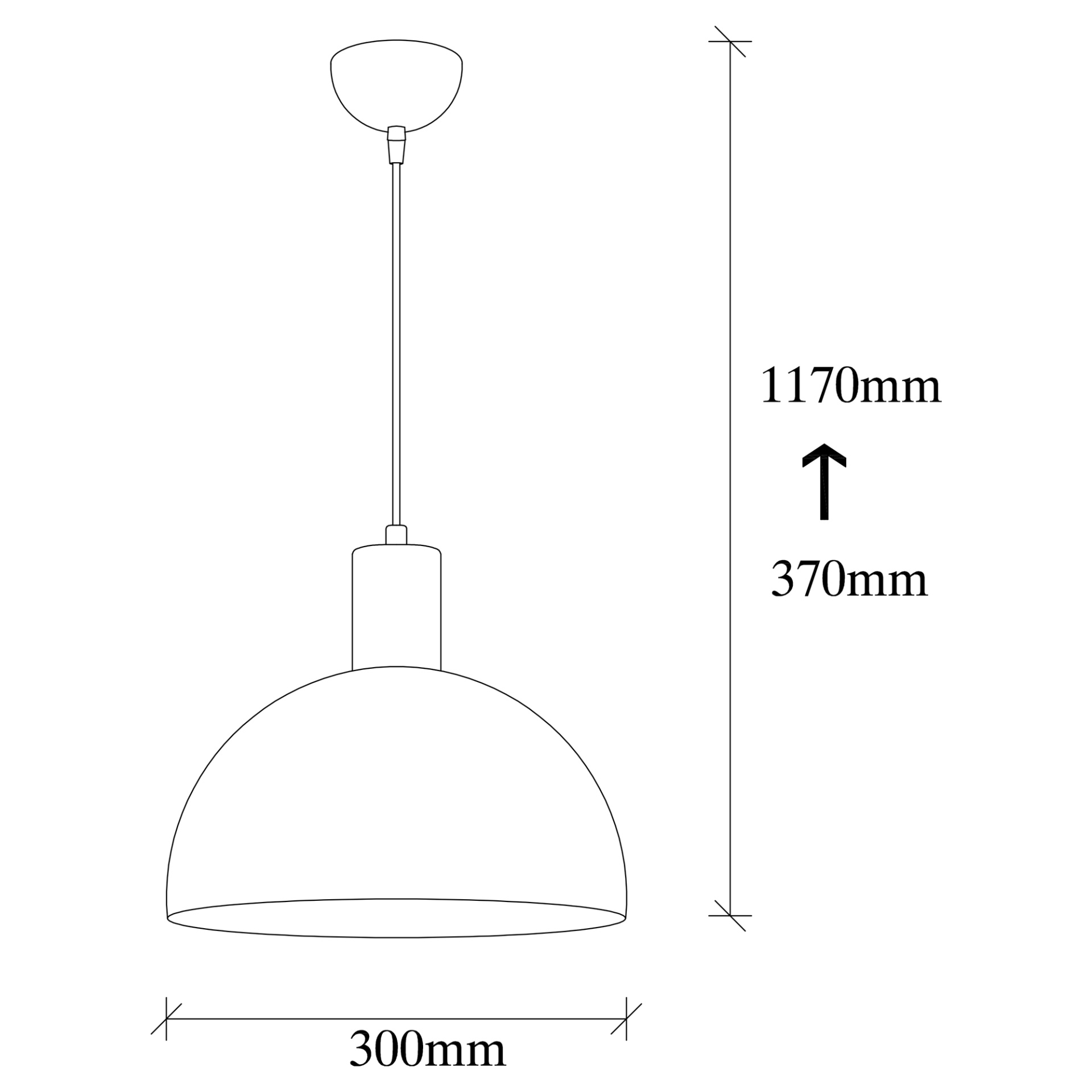 Candeeiro de teto branco com cúpula semicircular e dimensões em milímetros